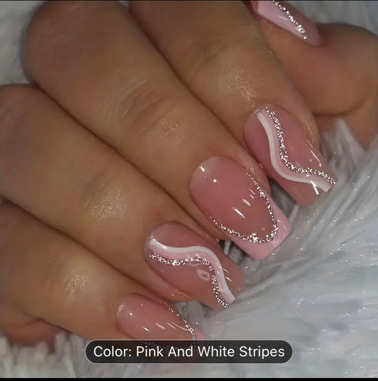 24pc pink & white stripe nails