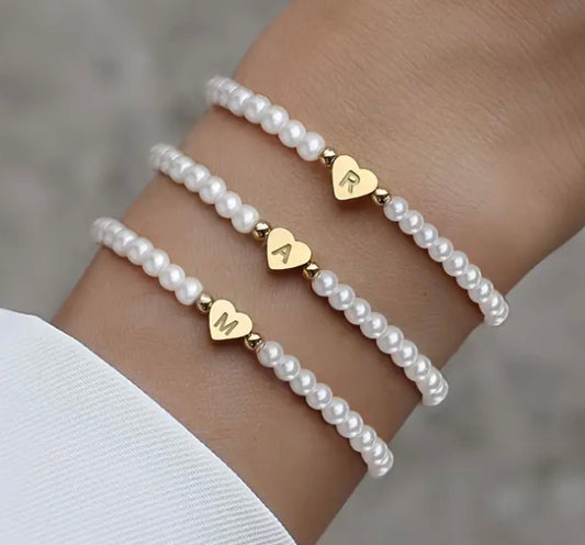 A-Z heart stainless steel faux pearl bracelet