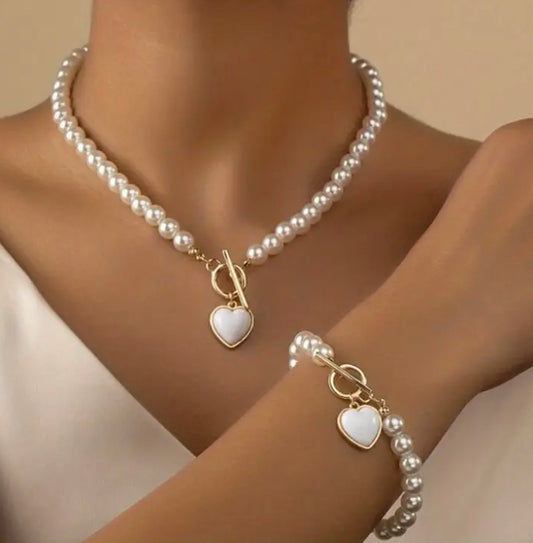 Heart faux pearl bracelet and necklace set