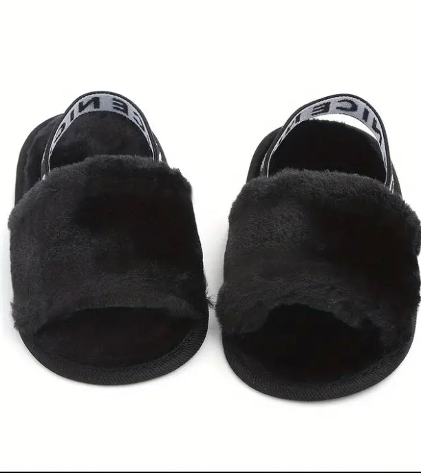 Baby open toe furry house shoes black