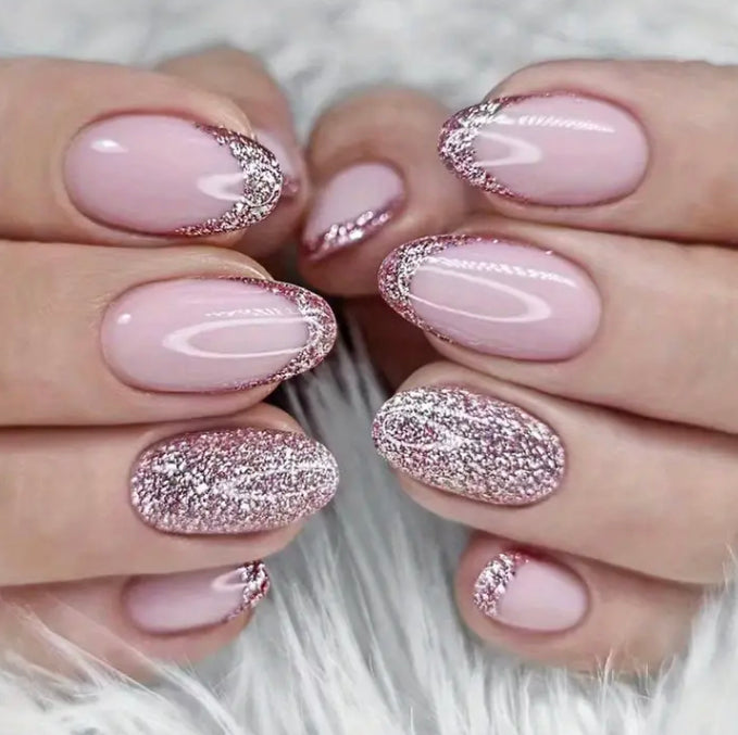 24pc short rounded pink glitter nails
