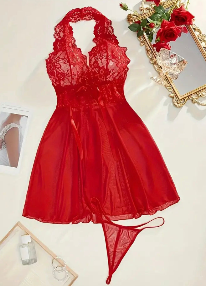 Mesh contrast lace lingerie set