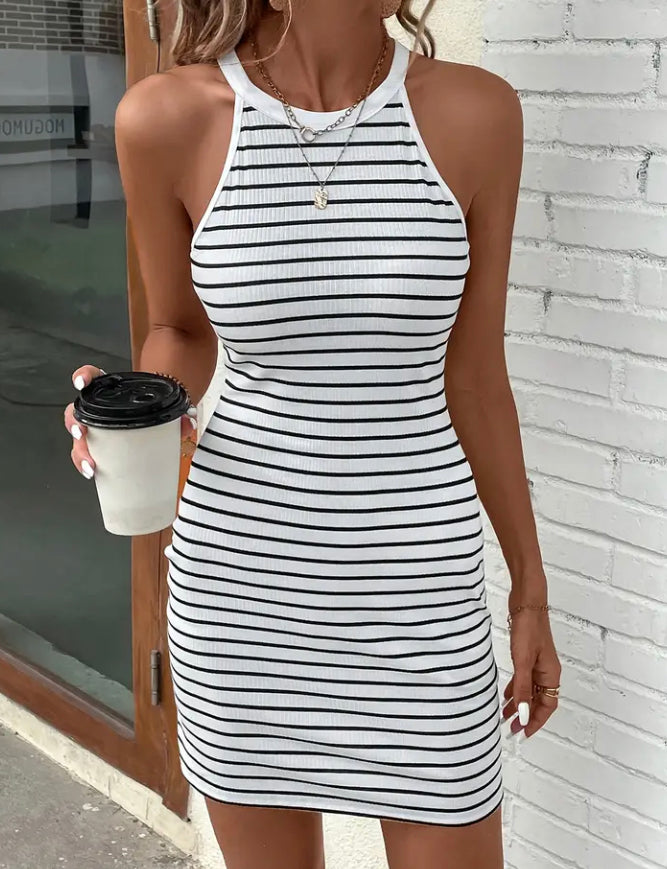 Striped print choker dress