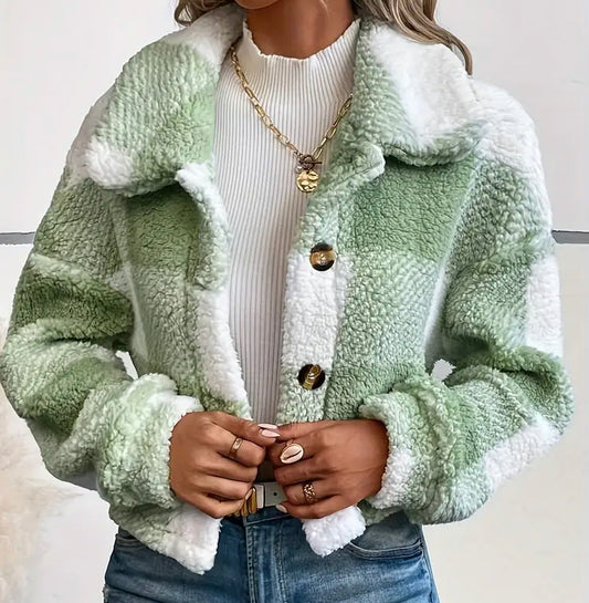 Plaid pattern button front teddy coat