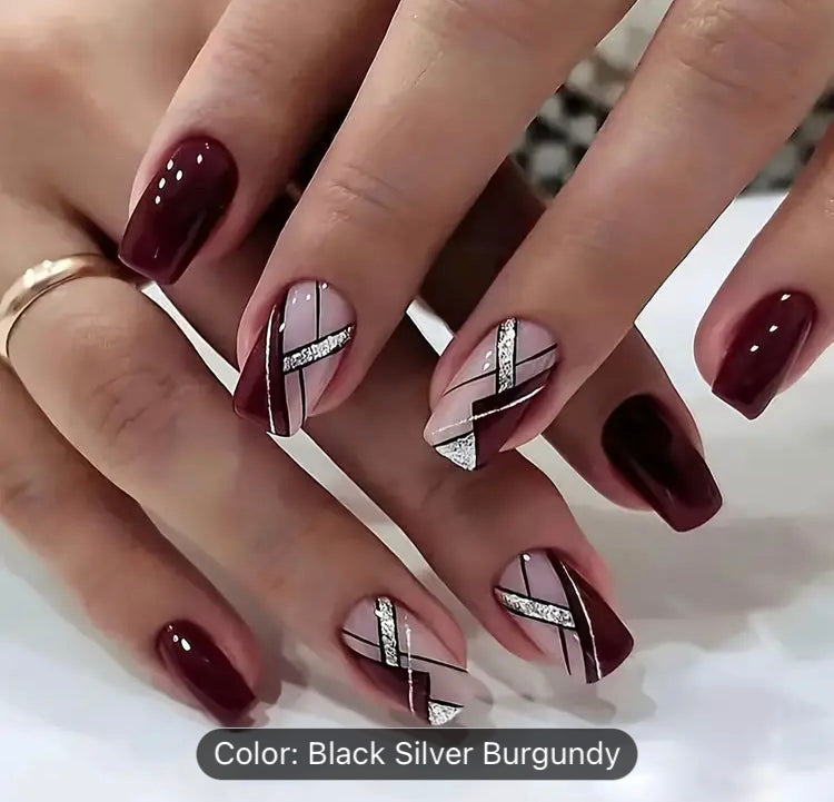 24pc black silver burgundy nails