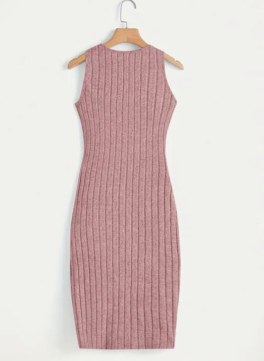 Solid split ribbed knit dress