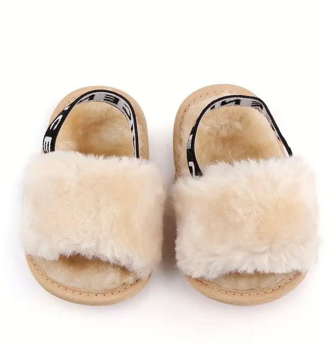 Baby open toe furry house shoes beige