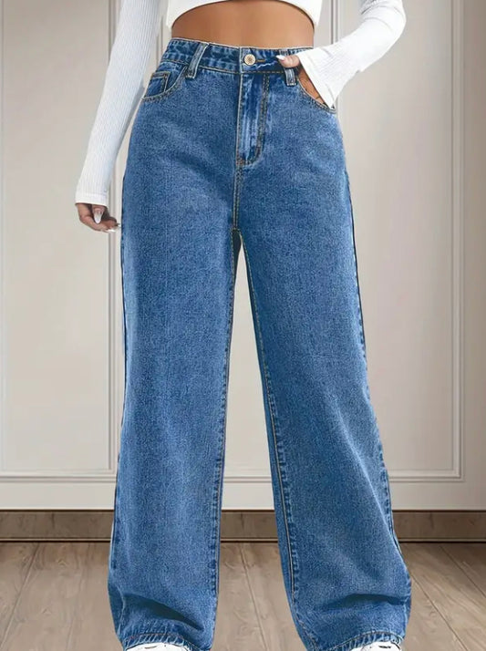 Plain washed blue wide leg jeans